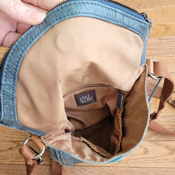 The Sak Blue Striped Distressed Leather Bag Crossbody Studded Zippered Flap - Picture 8 of 15